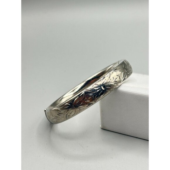 Vintage Crafmere Bracelet Sterling Silver Etched Hinged Bangle Minimalist Design - Picture 5 of 10